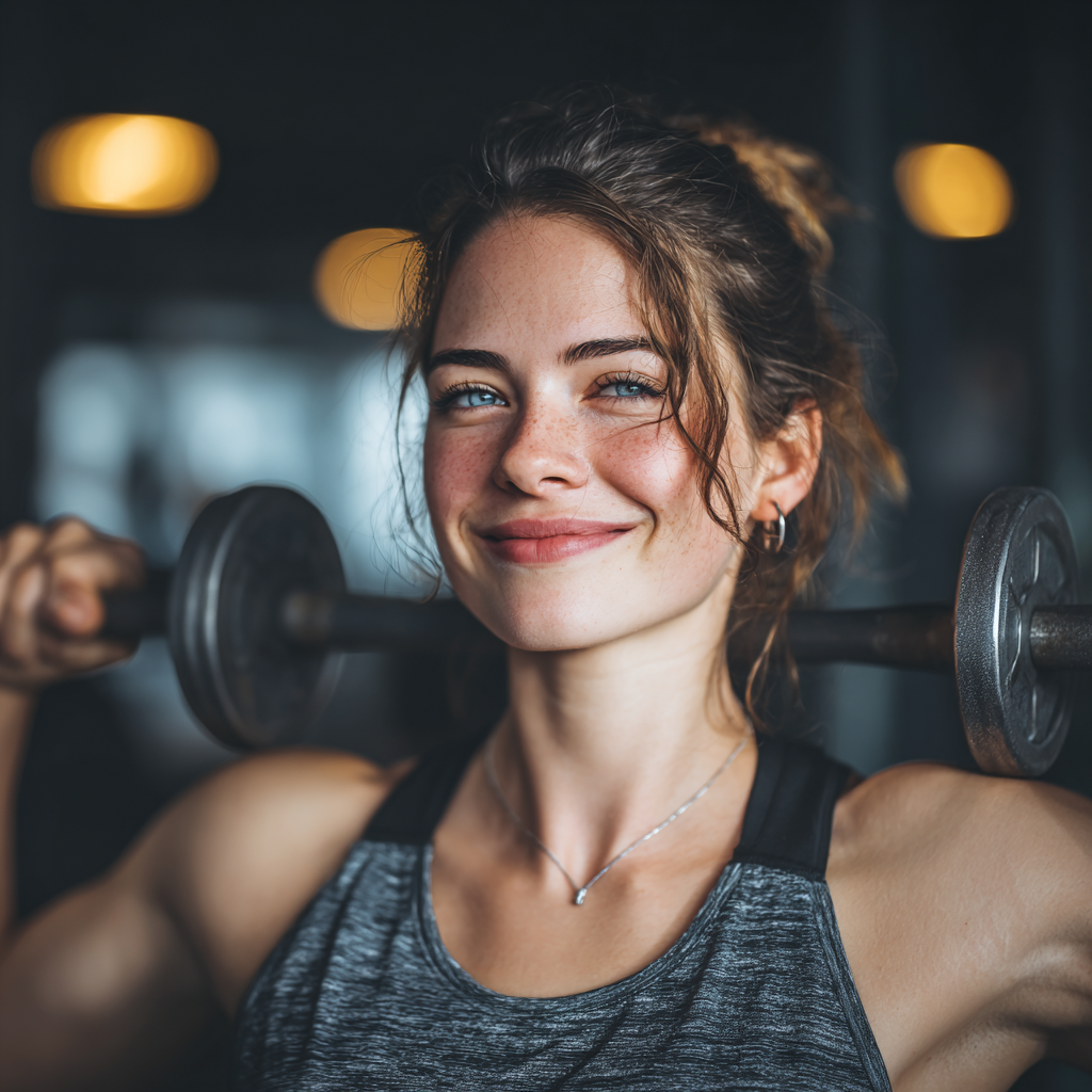 Happy middle-aged European couple in sportswear doing exercises together in a modern gym, both smiling and looking energetic