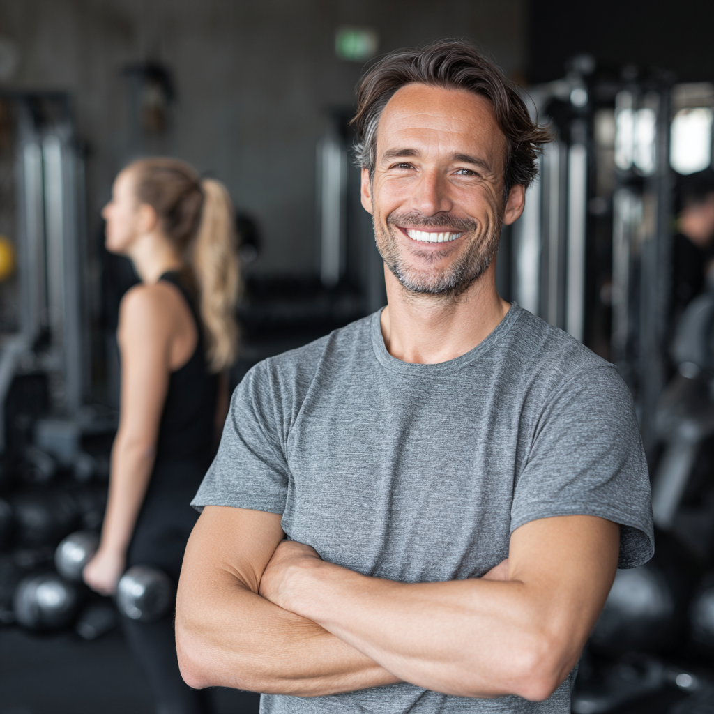 Professional European fitness trainer in their 30s demonstrating proper exercise form with a warm smile in a well-equipped gym setting