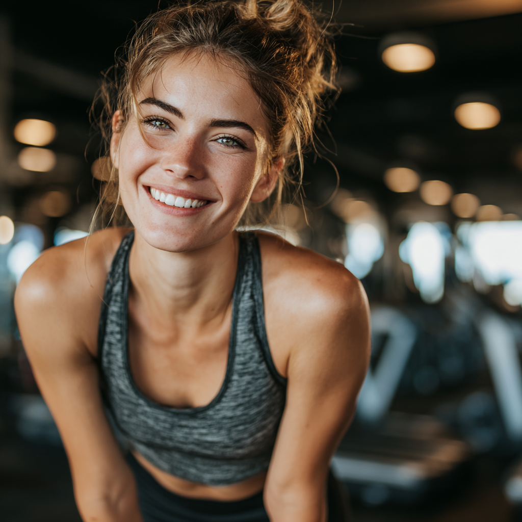 Fit European woman in her 40s showing healthy posture and strong physique during outdoor workout, smiling confidently with natural lighting